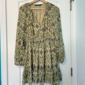 ZARA Green Ikat Patterned Long Sleeve Chiffon Dress Size Medium